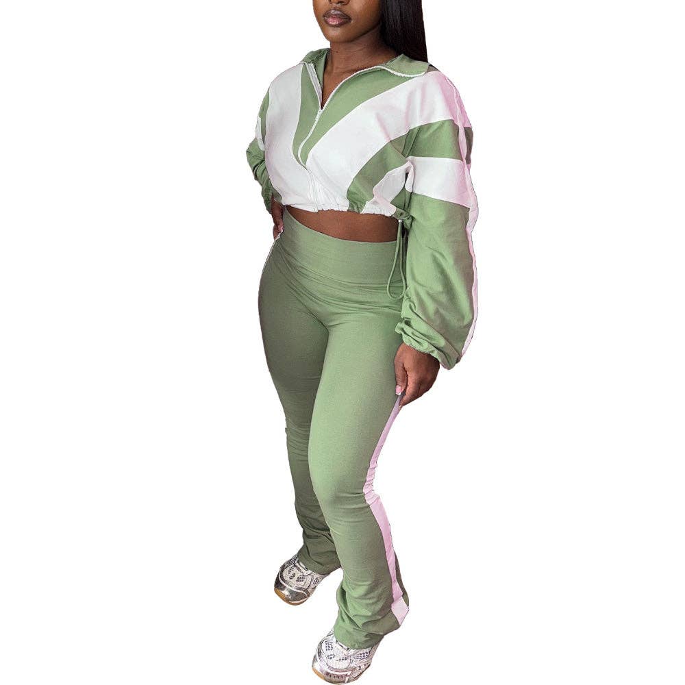 MB Fashion Wholesale - Wholesale Top & Pant Set (NOT Loungewear) - Women's - EVERY FASHION Zip-Up Crop Jacket & High-Waist Jogger Set HR2501516