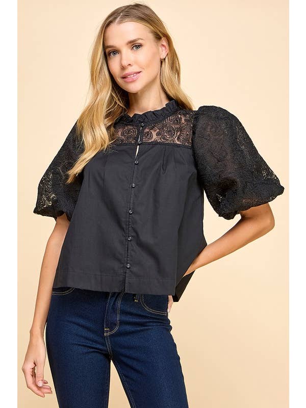 TCEC - Wholesale Blouse - Women's - CT9170-Bubble Sleeves Lace Button Up Top