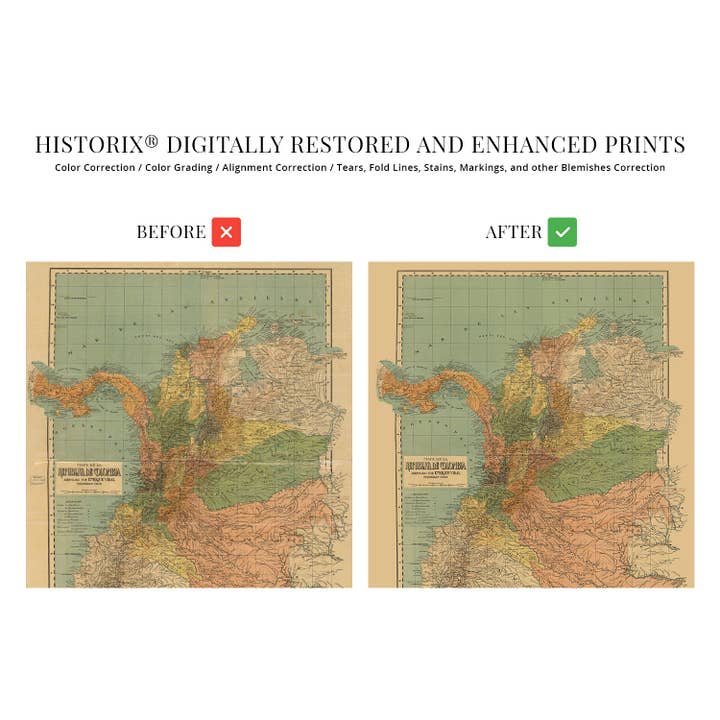 Historic Prints - Wholesale Map - 1911 Map of Colombia South America - Old Wall Art Map of Republic of Colombia - History Map of Colombia Poster