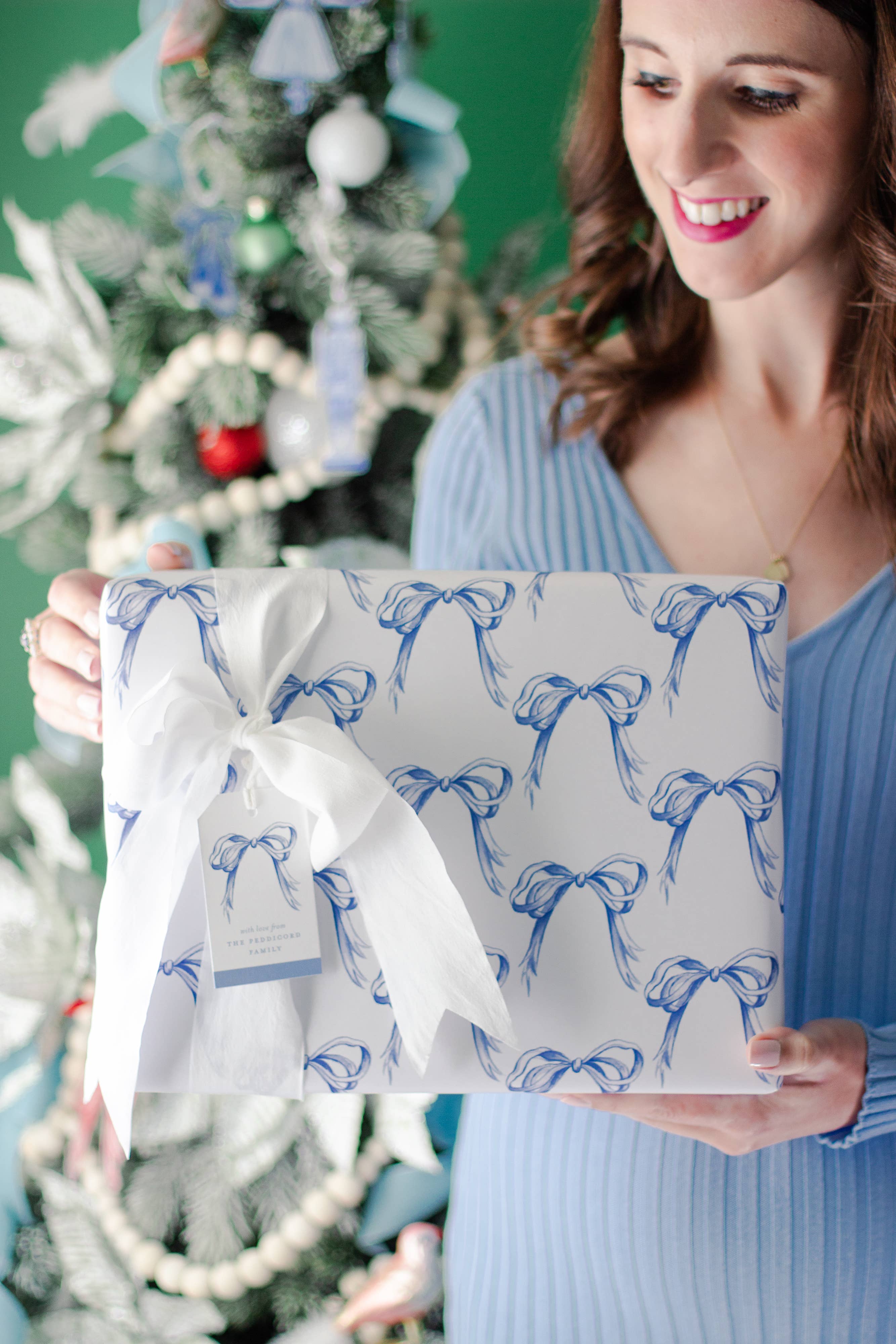 Simply Jessica Marie - Wholesale Flat Wrap - Blue & White Bows Christmas Wrapping Paper 3 Sheet1