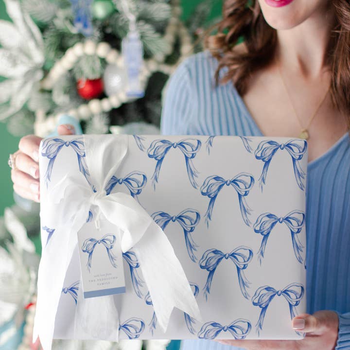 Simply Jessica Marie - Wholesale Flat Wrap - Blue & White Bows Christmas Wrapping Paper 3 Sheet1