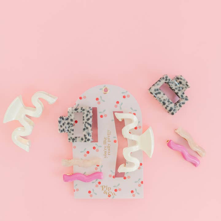 Pip & Co. - Wholesale Hair Accessories Set - Women's - Cherry Picked - Pink Barrettes & Leopard Wavy Hair Clip Set
