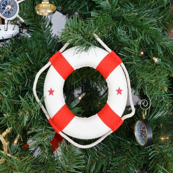 White Lifering with Red Bands Christmas Tree Ornament 6" for wholesale by Hampton Nautical