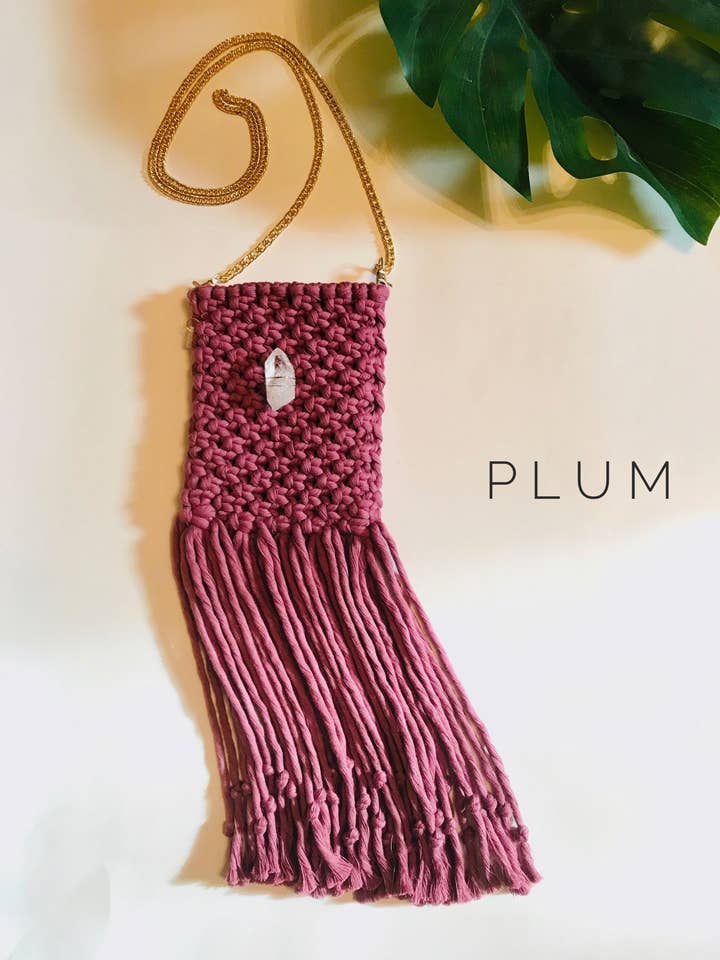Clearance -Crossbody Macrame Purse with Crystal Quartz Chunk for wholesale by Maple + Love