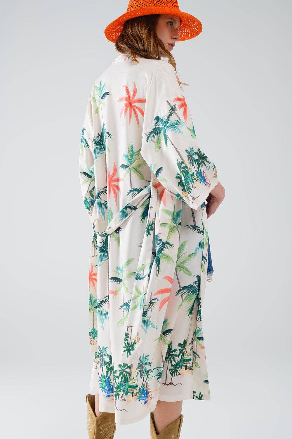 Beige Cream Open Kimono with Beach Print in Midi Length for wholesale on Faire5