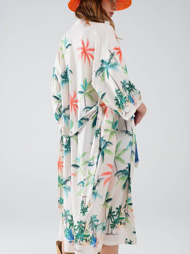 Beige Cream Open Kimono with Beach Print in Midi Length for wholesale on Faire5