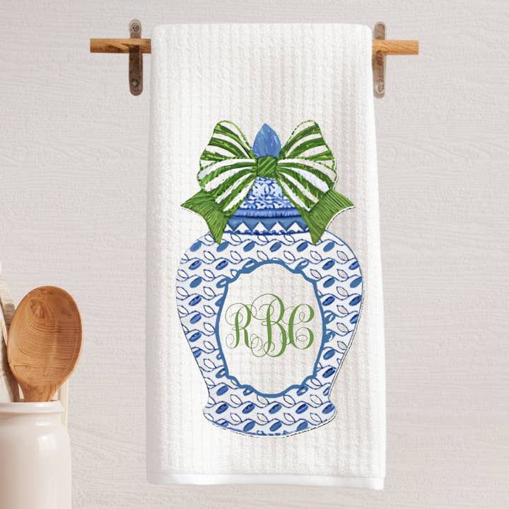 Blue Ginger Jar Monogram Tea Towel for wholesale by Cottage & Club