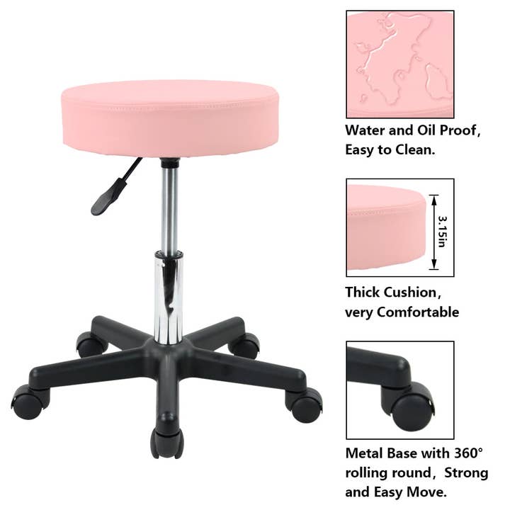 KKTONER - Wholesale Stool - Pink PU Leather Round Rolling Stool, Height Adjustable
