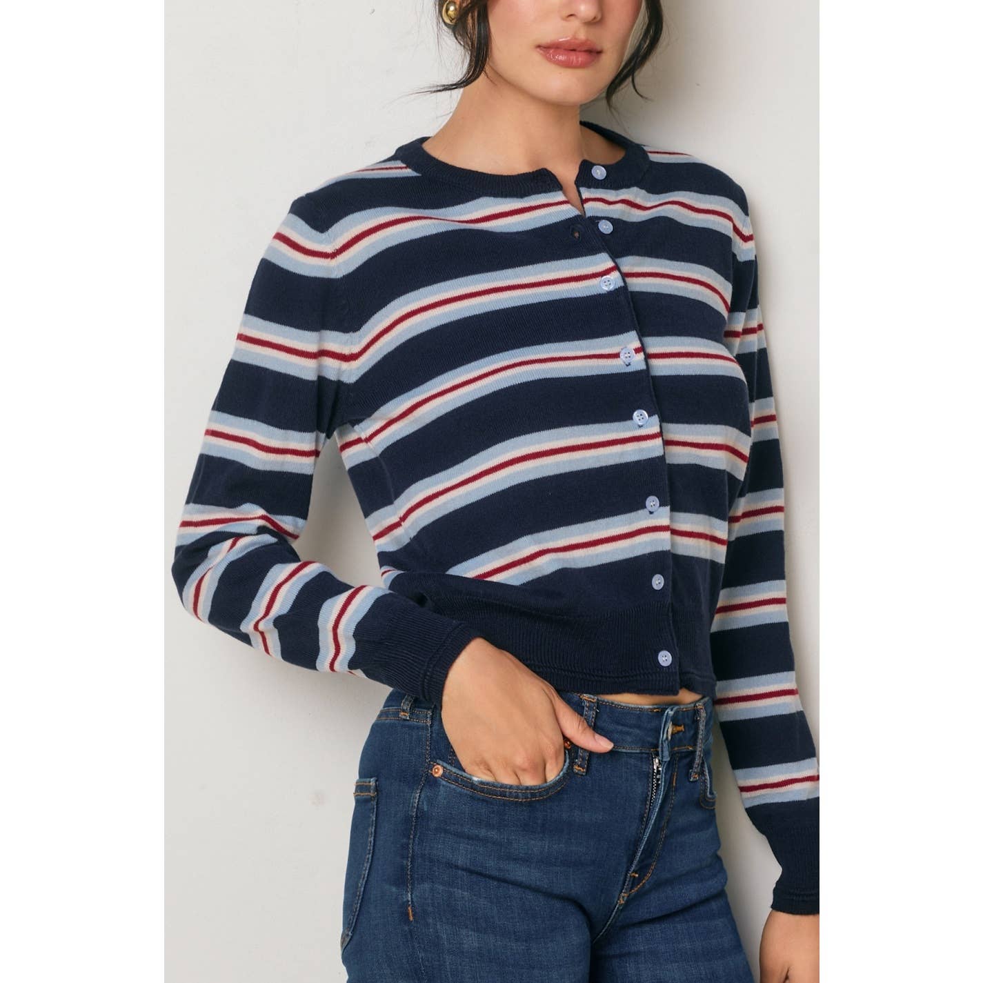 COMBINACIÓN AZUL MARINO/ROJO Cárdigan de rayas con botones Skyline de venta al por mayor en Faire4