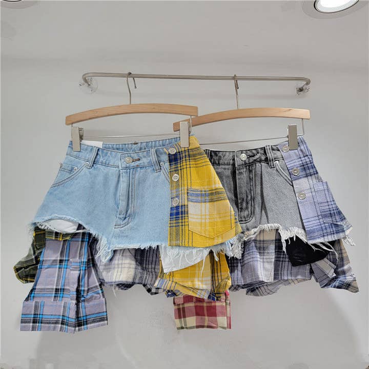 High-Waisted A-Line Denim Skirt with Blue and Yellow Check Pattern and other Purchase Wholesale jeans on line. Free Returns & Net 60 Terms on Faire trending on Faire.