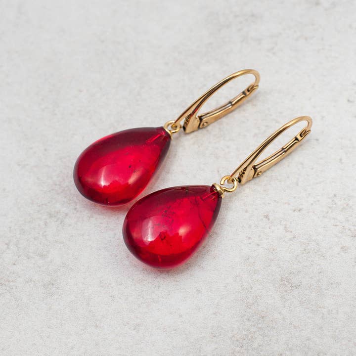 Amber Charm - Wholesale Dangle Earrings - Teardrop Red Amber Earrings Ruby Baltic Amber Earrings Gold
