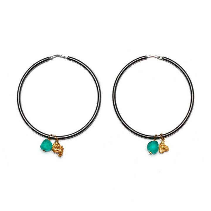 Recycled Silver Hoops with Muzo Emeralds and Gold Nuggets for wholesale by Makal