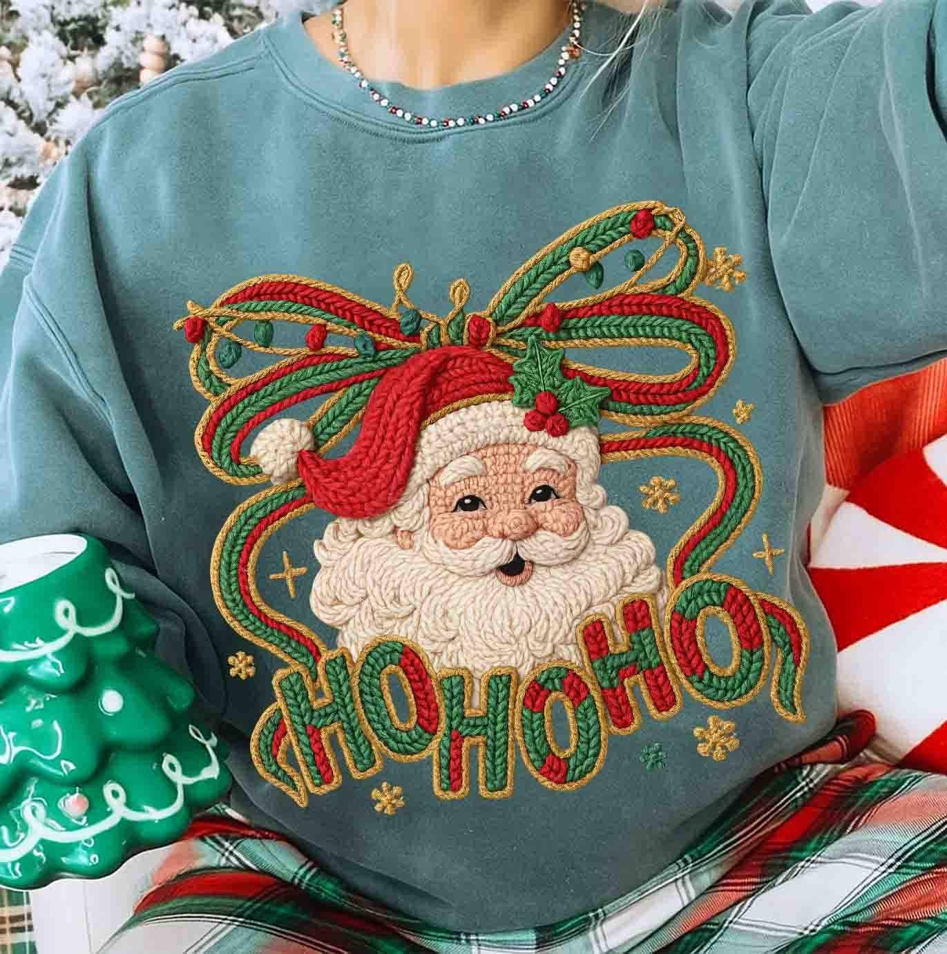 DLT Ecommerce - Vente T-shirt à imprimés – femme - Faux fil crochet Ho Ho Ho T-shirt du Père Noël, pull de Noël du Père Noël2