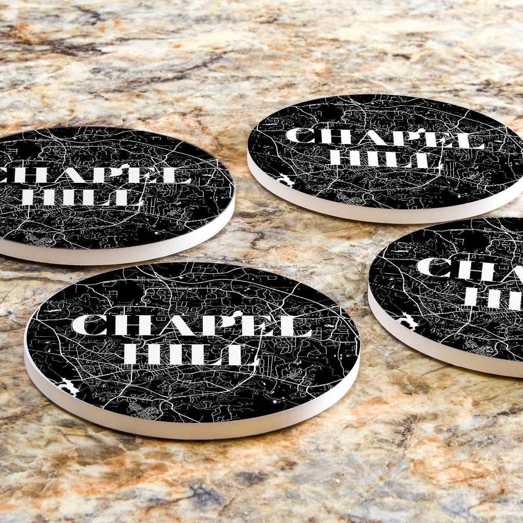 Love Local - Wholesale Coasters - Minimalistic B&W North Carolina Chapel Hill Map | Absorbent Coasters | Set of 4 | Min 26