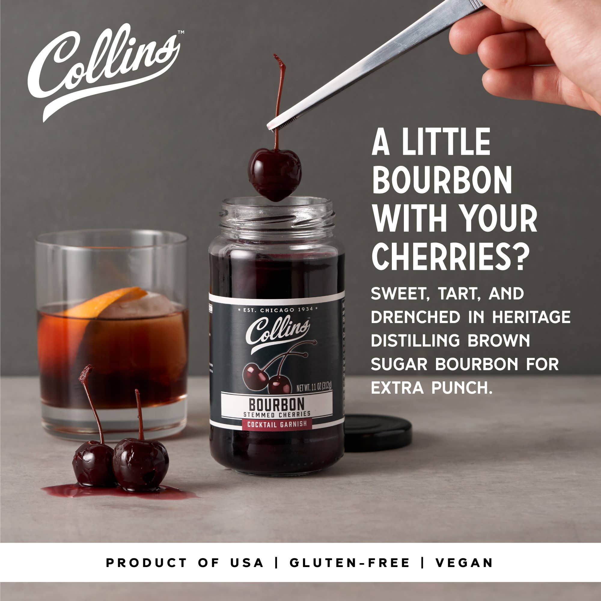 Collins - Wholesale Cocktail Mix/Syrup - Bourbon Soaked Stemmed Cherries Cocktail Garnish 11 oz1