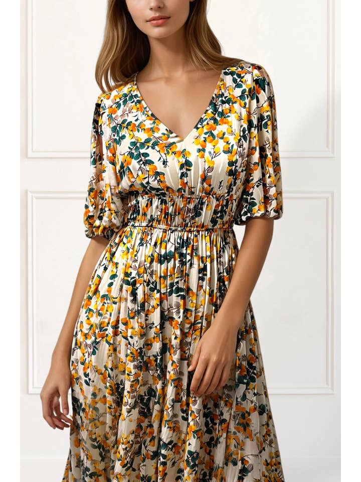 Beige Sophie Maxi Dress Fit & Flare Citrus Print for wholesale on Faire