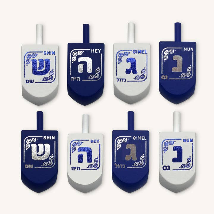 Wood Dreidels - Medium - Blue & White - 10 Pack for wholesale by Ner Mitzvah