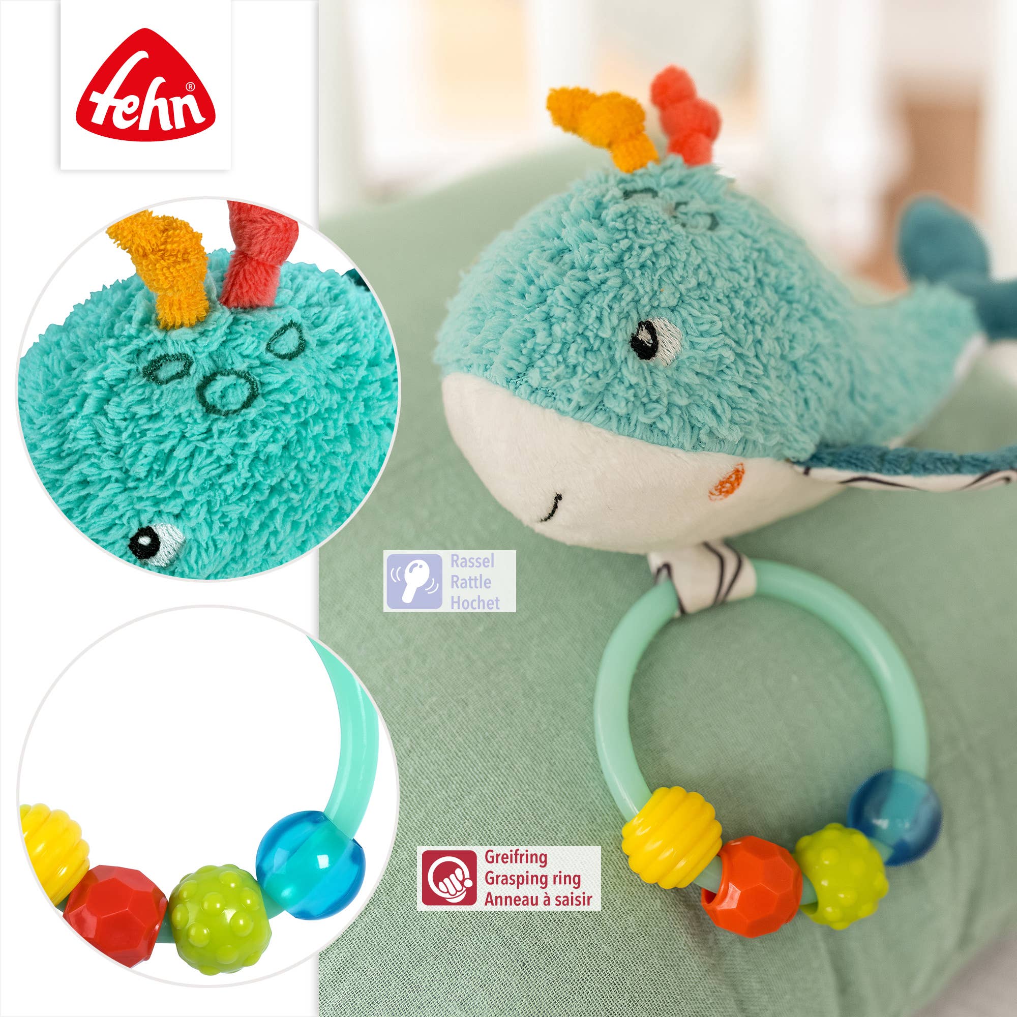 Fehn – Großhandel Handrassel – Baby – Perlenring Wal - Greifling & Motorikspielzeug3