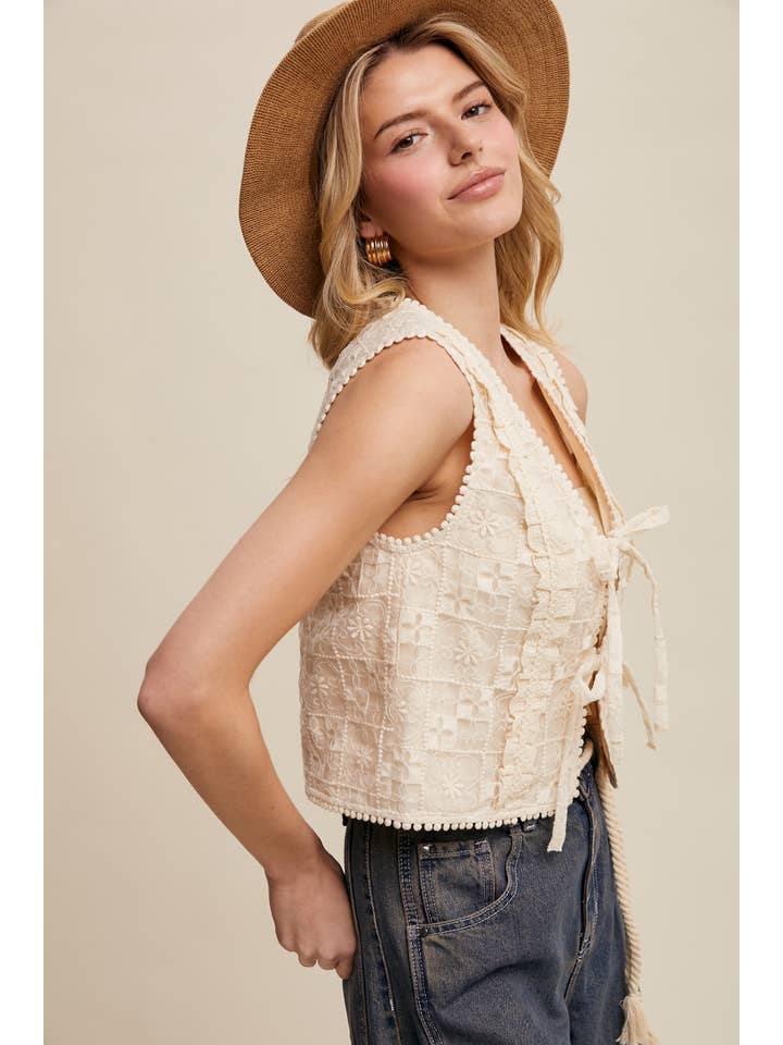 Listicle - Wholesale Outerwear Vest - Women’s - Embroidered Lace Tie-Front Vest LVT00931