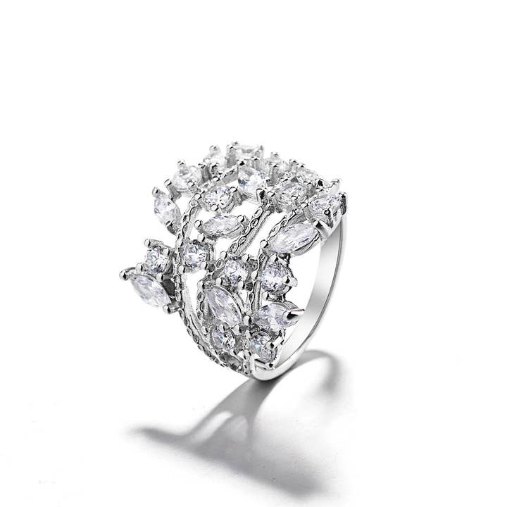 14K White Gold Plated Crystal Plated Leaf Ring with crystals for wholesale by Amy and Annette