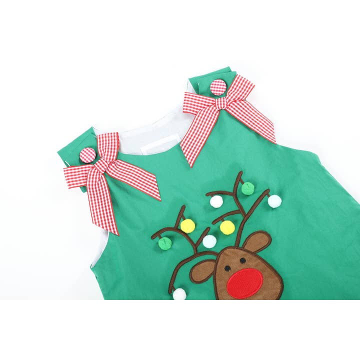 Lil Cactus - Wholesale Dress - Kids - Green Swing Dress with Pompom Reindeer