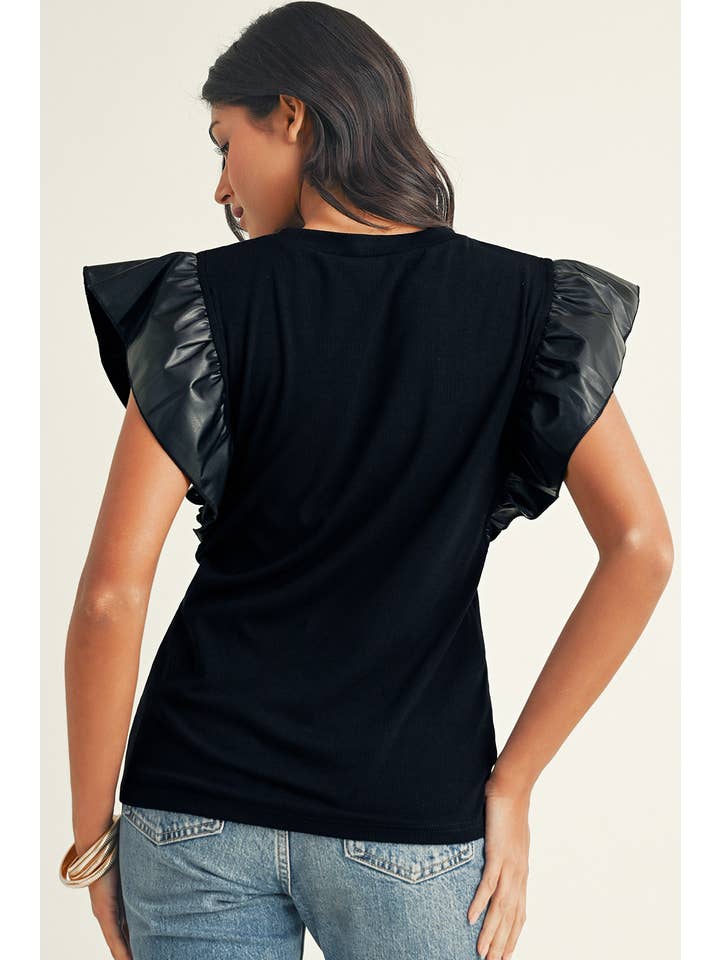 Little Daisy Closet - Wholesale Blouse - Women's - LDC Leather Ruffle Shoulder Plain Blouse