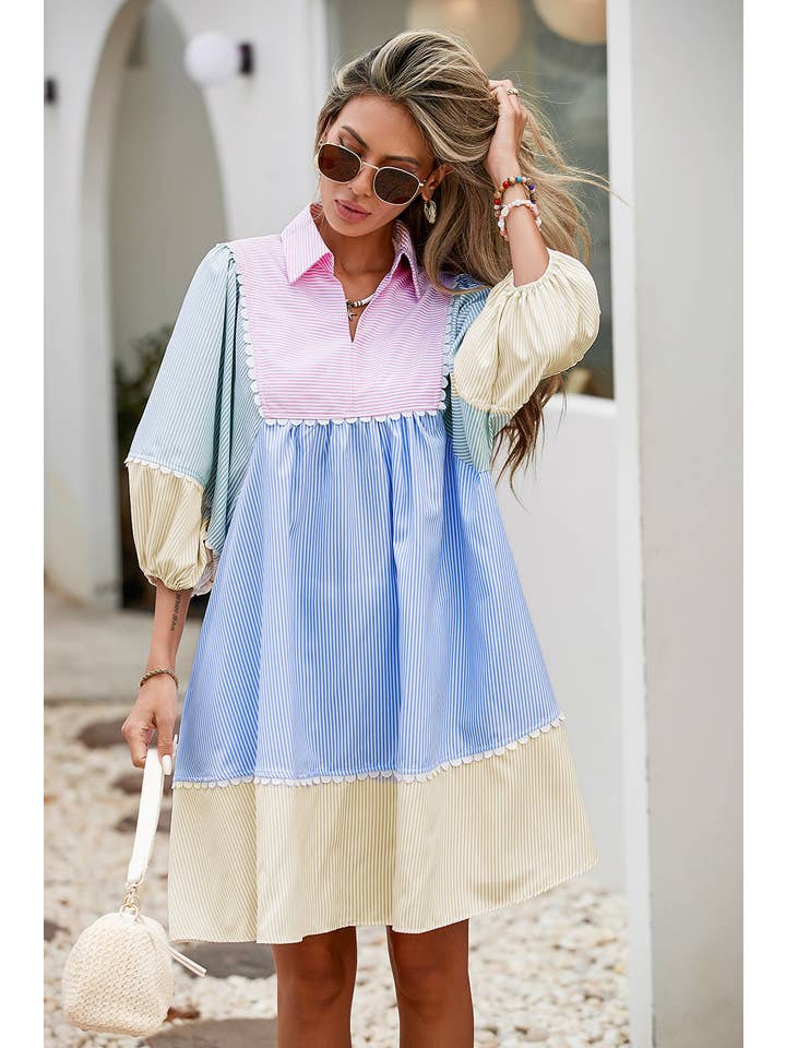 Multi Colored LDC Striped Patchwork Ric Rac Puff Sleeve Collared Dress for wholesale on Faire