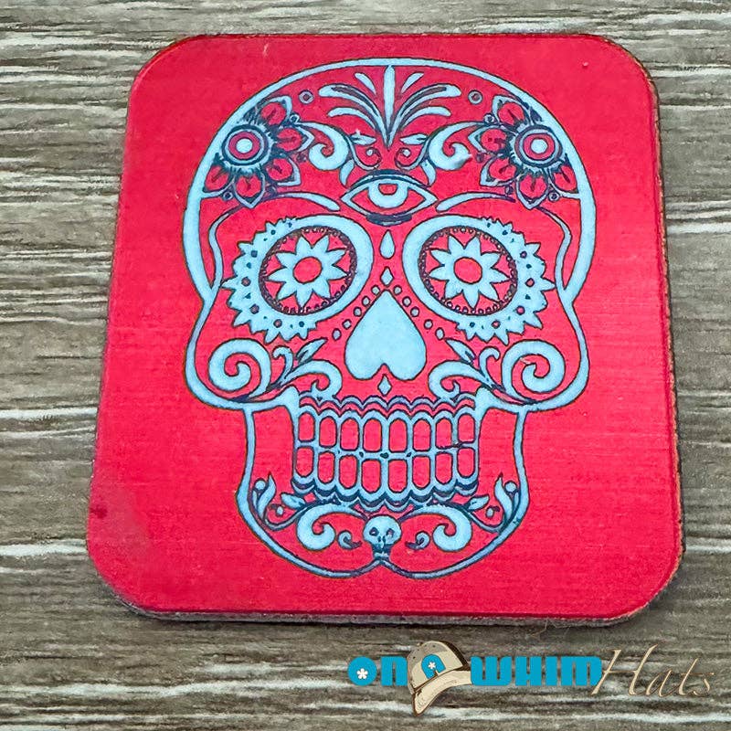 On a Whim Hats - Wholesale Patch - Candy Skull Acrylic Iron-On Patch - Red0