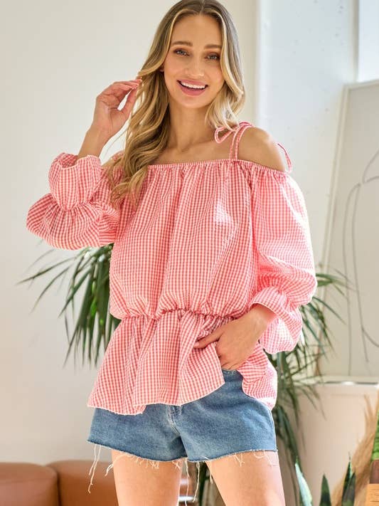 LMT2934-LIVING IT GINGHAM OFF THE SHOULDER BLOUSE for wholesale by lovely melody