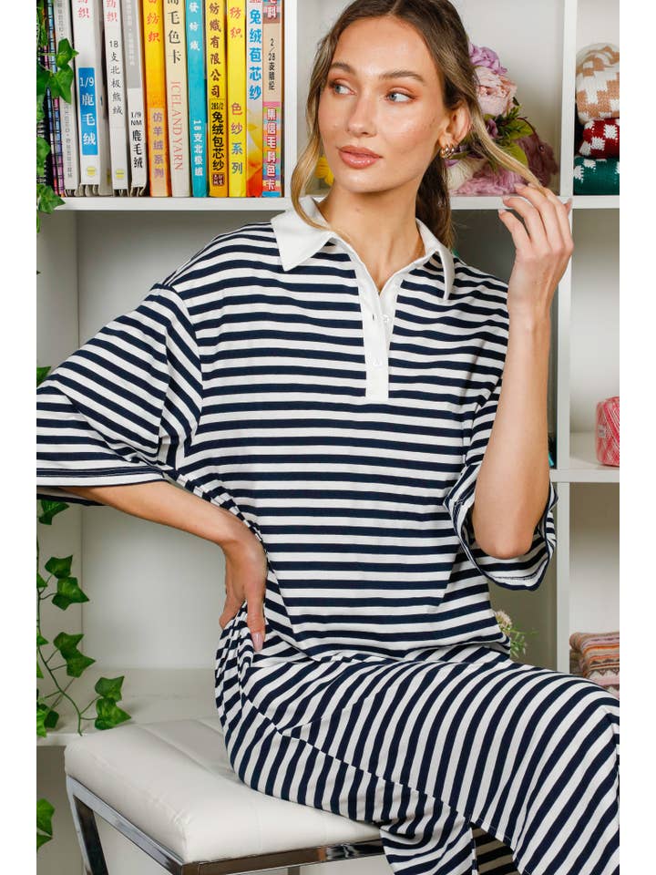 Navy Collared Drop Shoulder Striped Printed Polo Dress VD82307 for wholesale on Faire3