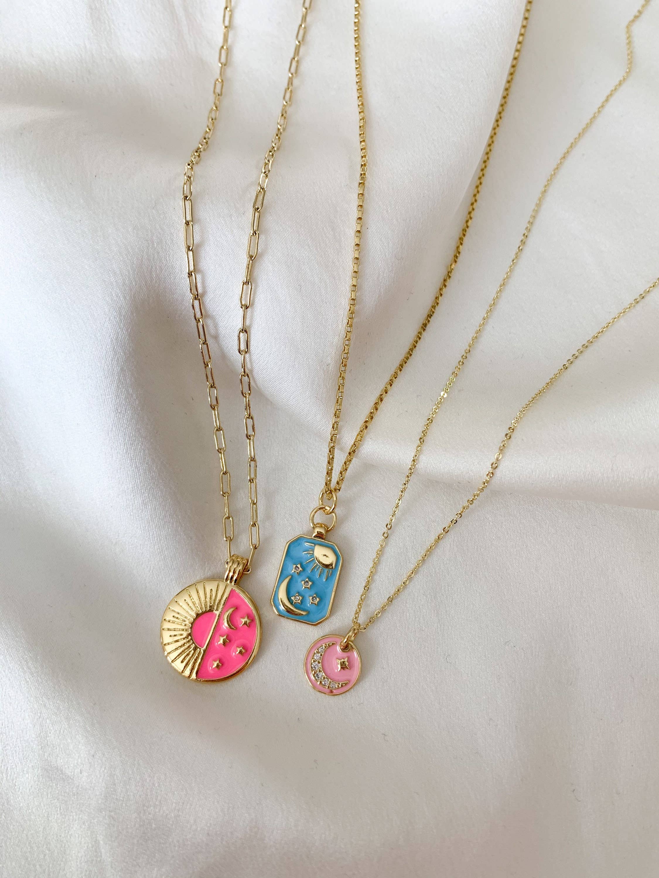 Heather Fearne Jewelry - Wholesale Pendant/Charm Necklace - Gold, Pink, Light Blue Enamel Celestial Charm Necklaces | Paperclip, Rolo, Box Chain Styles | Star, Moon, Galaxy, Sun Themed Jewelry3