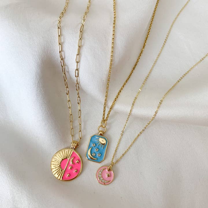 Heather Fearne Jewelry - Wholesale Pendant/Charm Necklace - Gold, Pink, Light Blue Enamel Celestial Charm Necklaces | Paperclip, Rolo, Box Chain Styles | Star, Moon, Galaxy, Sun Themed Jewelry3