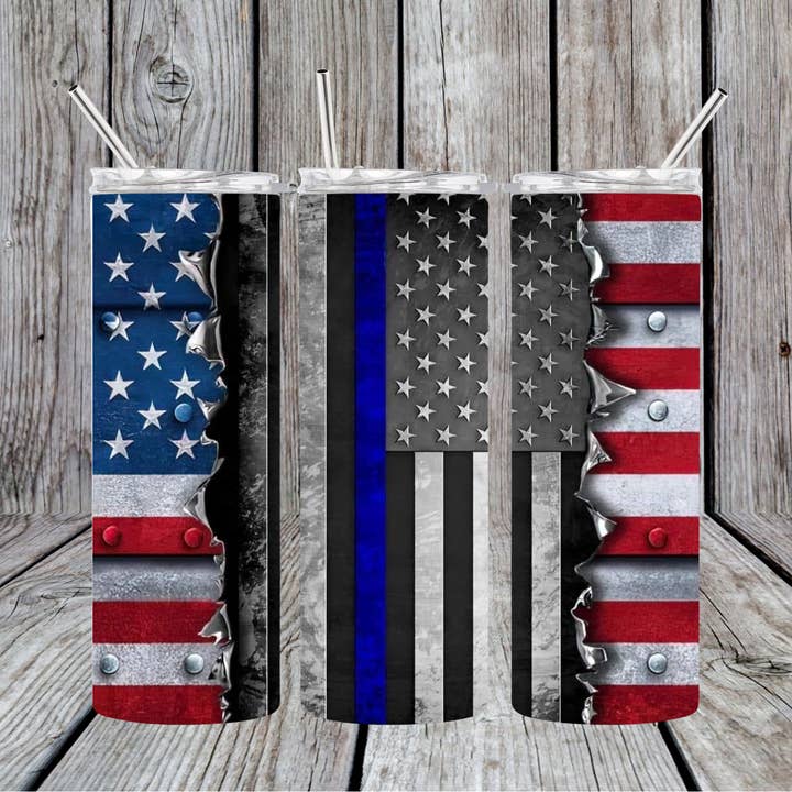 Gobelet skinny Thin Blue Line, drapeau des États-Unis, 20 oz pour la vente par Dogwood Graphics & Design