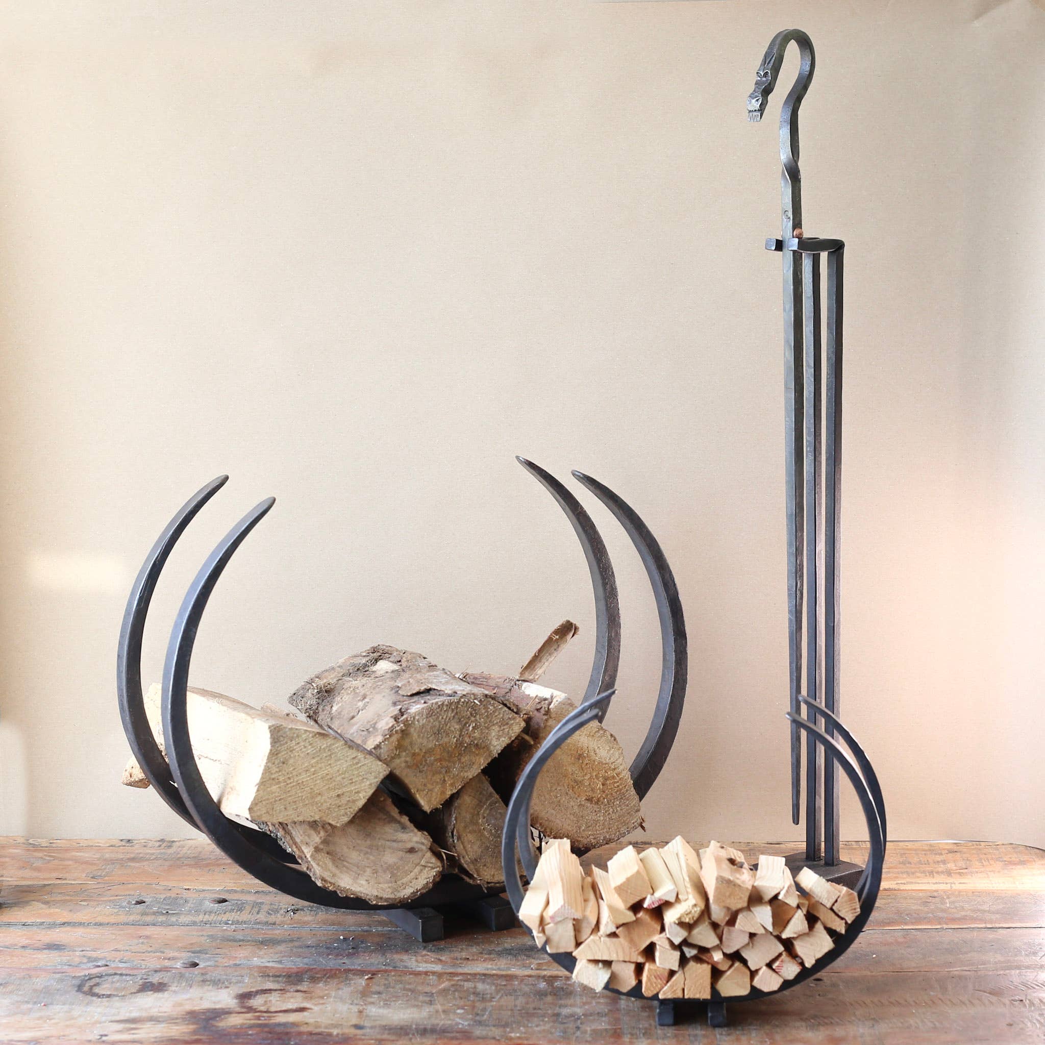 Coach House Forge – wholesale Fireplace mantel – Hand Forged Iron 'Long Horn' Log Storage. 2