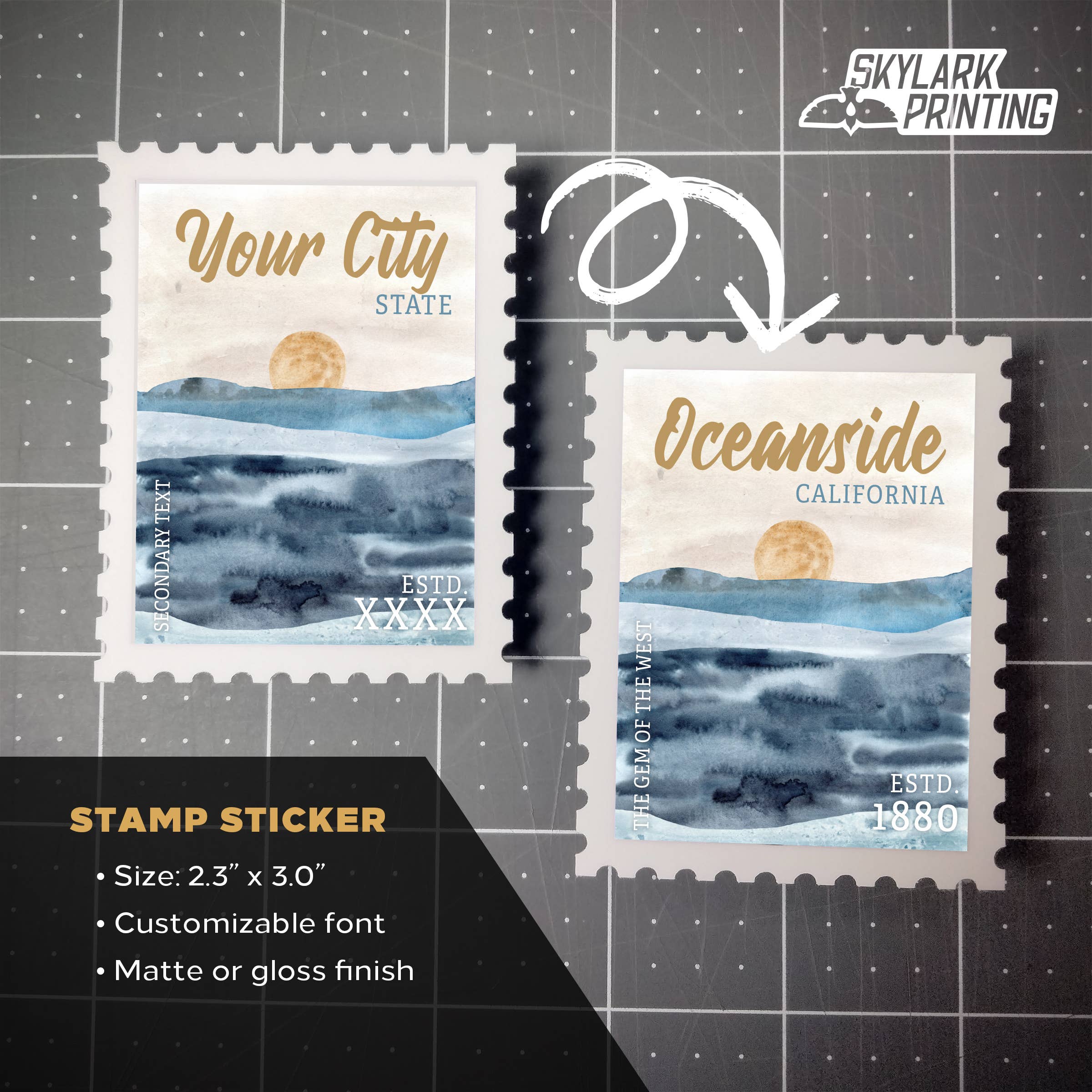 Skylark Printing - Wholesale Sticker - Beach Souvenir Sticker in Stamp Shape with Your City, State1