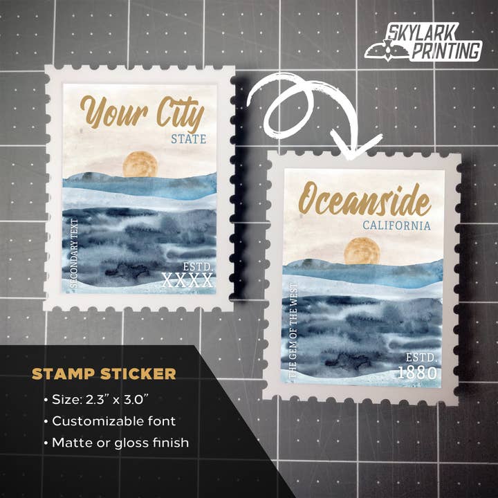 Skylark Printing - Wholesale Sticker - Beach Souvenir Sticker in Stamp Shape with Your City, State1