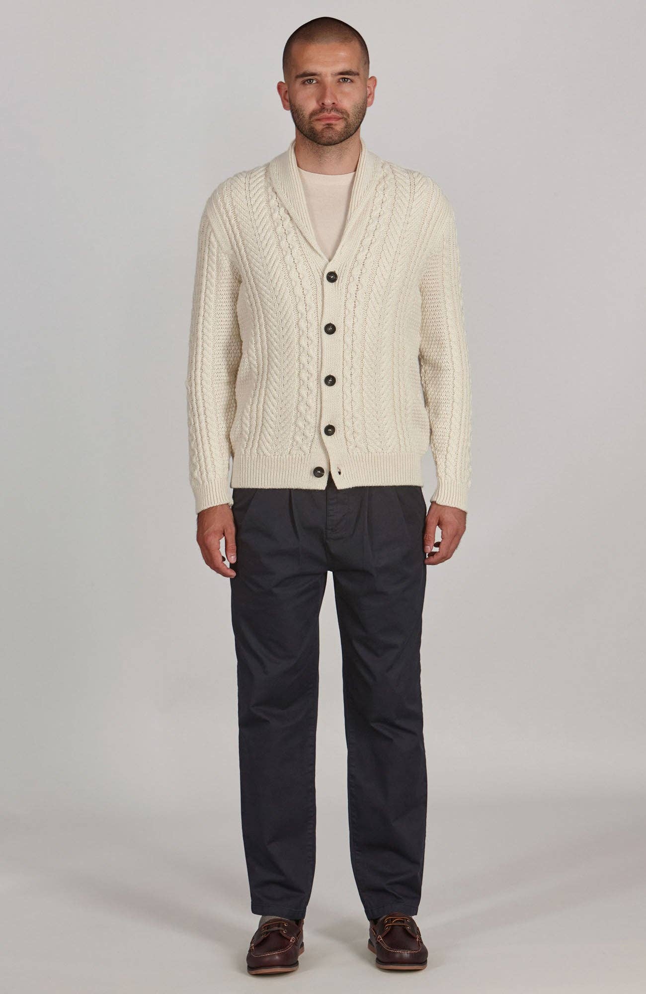 Paul James Knitwear - Wholesale Cardigan - Men's - Mens Chunky Merino Wool Shawl Collar Cable Cardigan2