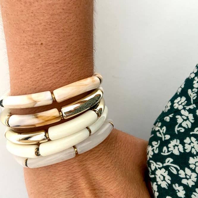 Bracelet élastique tube acétate blanc et or épaisseur 0,5 cm pour la vente par Misdi By Diane