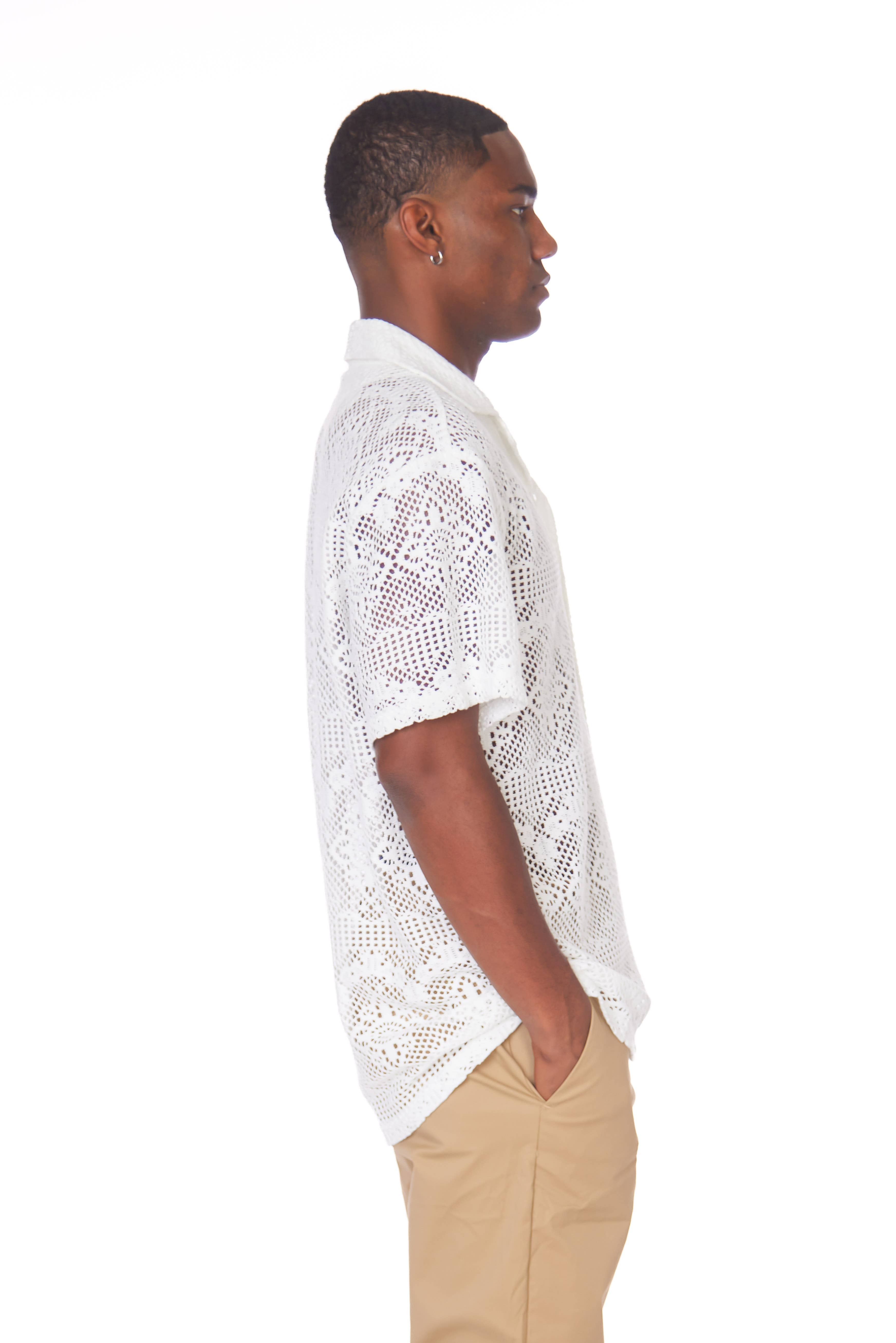  WHITE Crochet/Textured Short Sleeve Men's Shirt 4060 for wholesale on Faire2