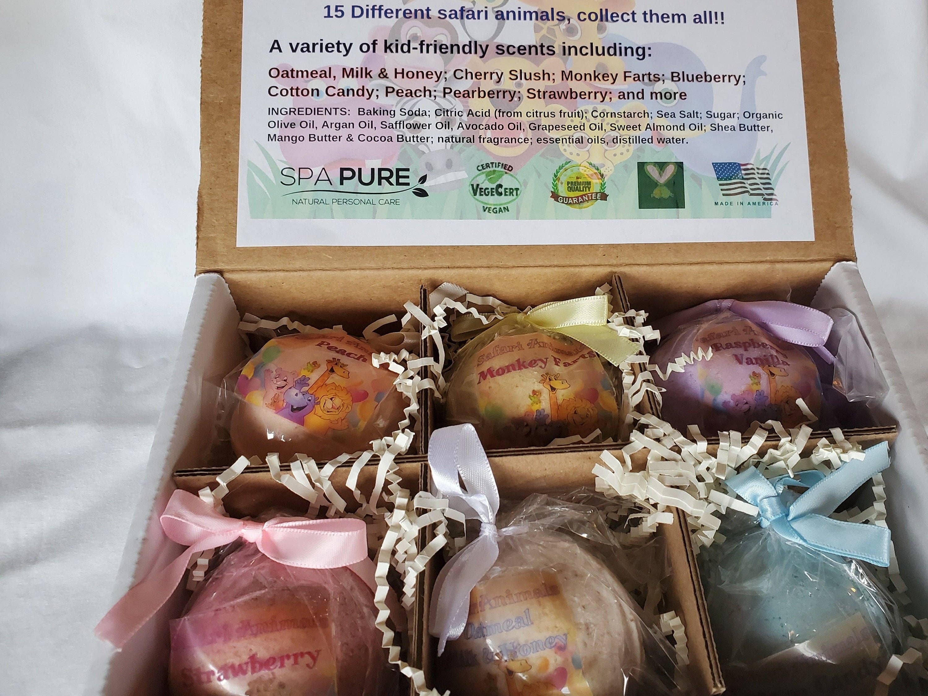 Spa Pure, inc. - Vente Bombe de bain/poudre effervescente pour le bain - Coffret cadeau avec 6 bombes de bain Safari Animals avec des animaux « surprises » de la jungle à l'intérieur1