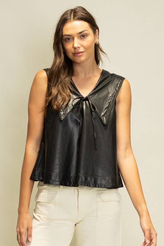 Heyson - Wholesale Blouse - Women's - SOT1241 Faux Leather Sailor Collar Top