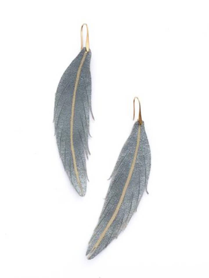 Short Feather Leather Earring - Pewter Painted for wholesale by The Supply Society