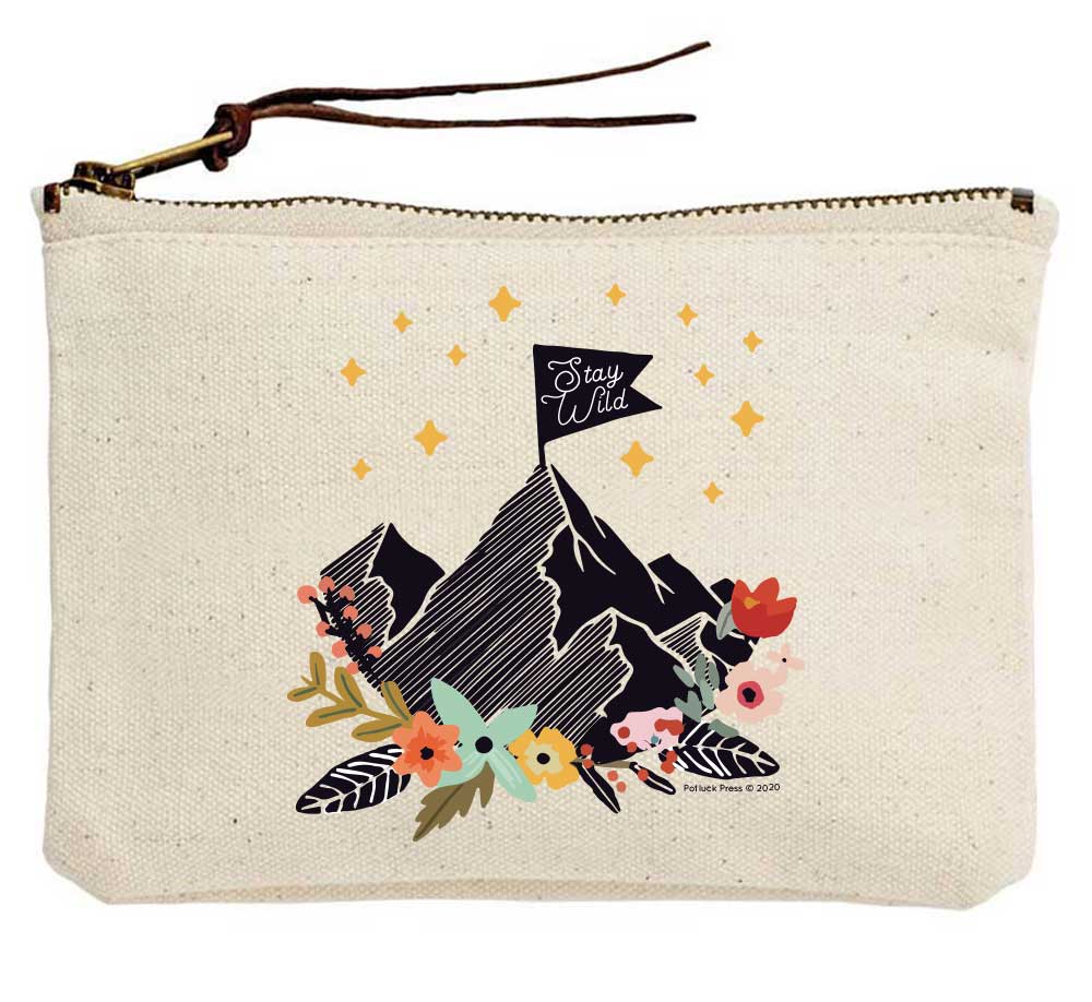 Stay Wild Mountains & Flowers Canvas Pouch for wholesale by Potluck Press
