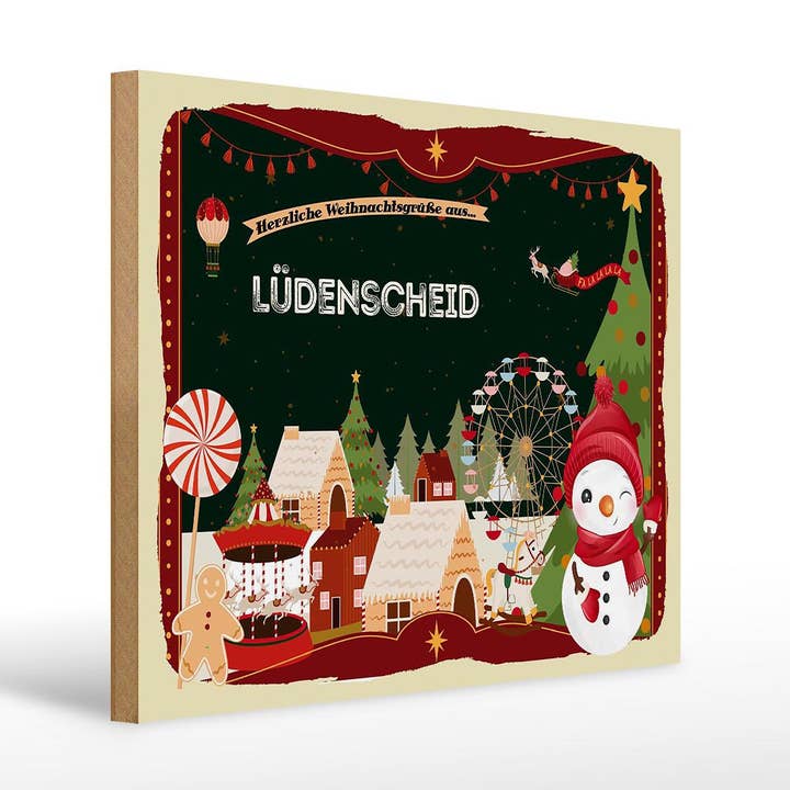 Houten bord kerstgroeten LÜDENSCHEID cadeau-decoratiebord 40x30 cm voor wholesale door Femer