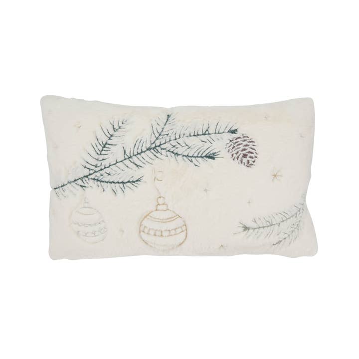 White Winter Wonderland Faux Fur Pine Needle and Ornament Pillow for wholesale on Faire