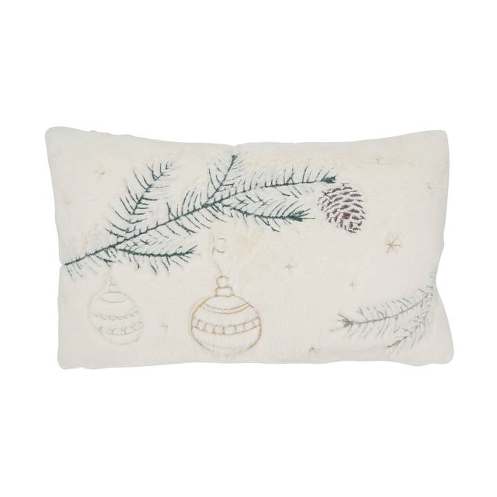 White Winter Wonderland Faux Fur Pine Needle and Ornament Pillow for wholesale on Faire0