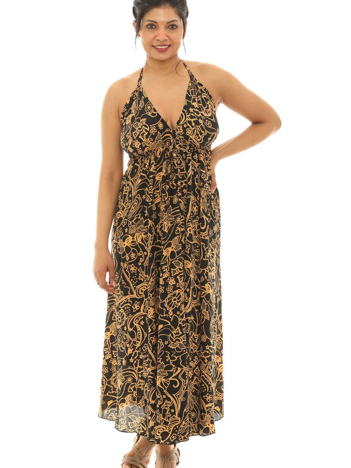 Vestido largo sin mangas con cuello halter y estampado abstracto de cachemira. para venta al por mayor de Shoreline Wear. INC