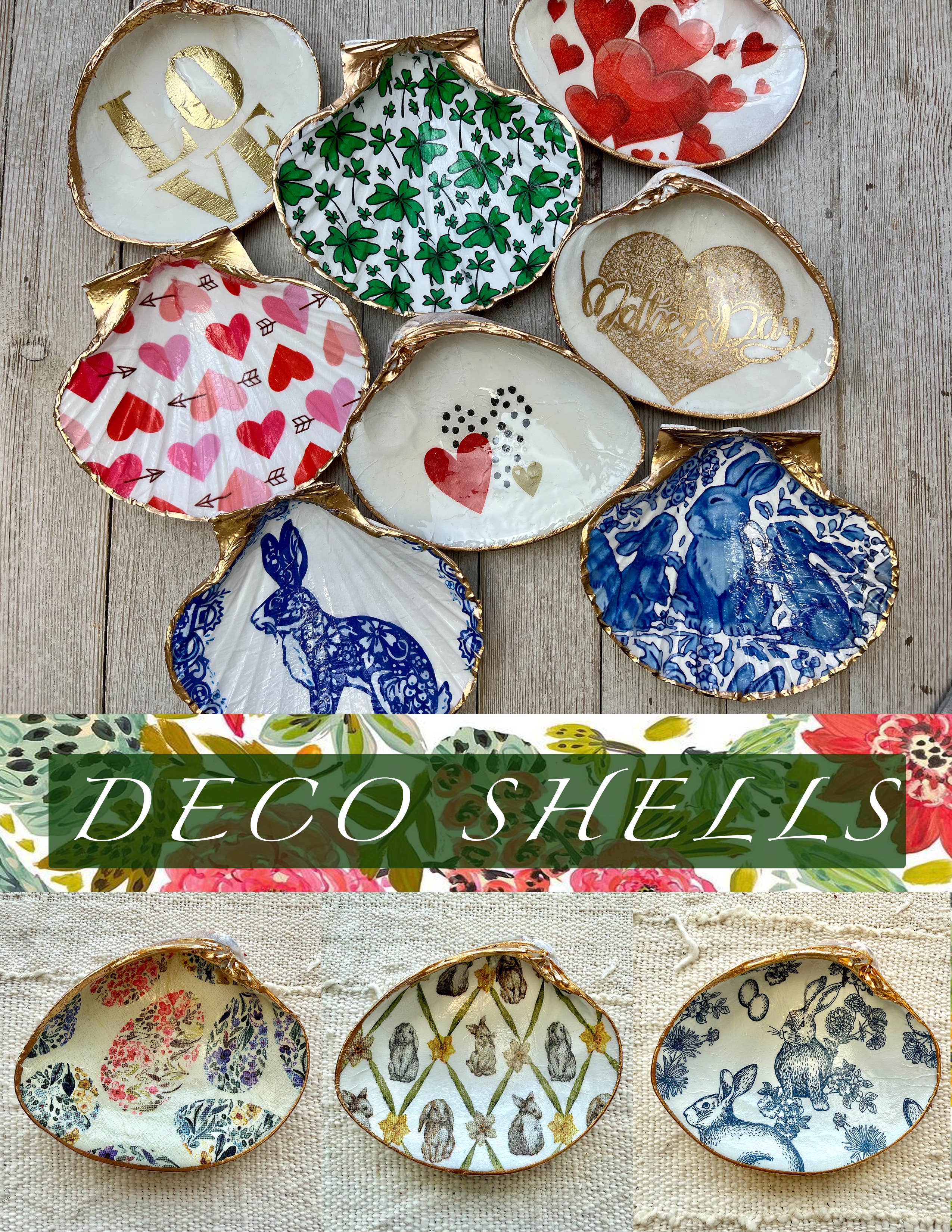 Ten Twenty Six Designs - Wholesale Jewelry Dish - Decoupage Spring Shells- Easter, Valentine's, St. Patrick's