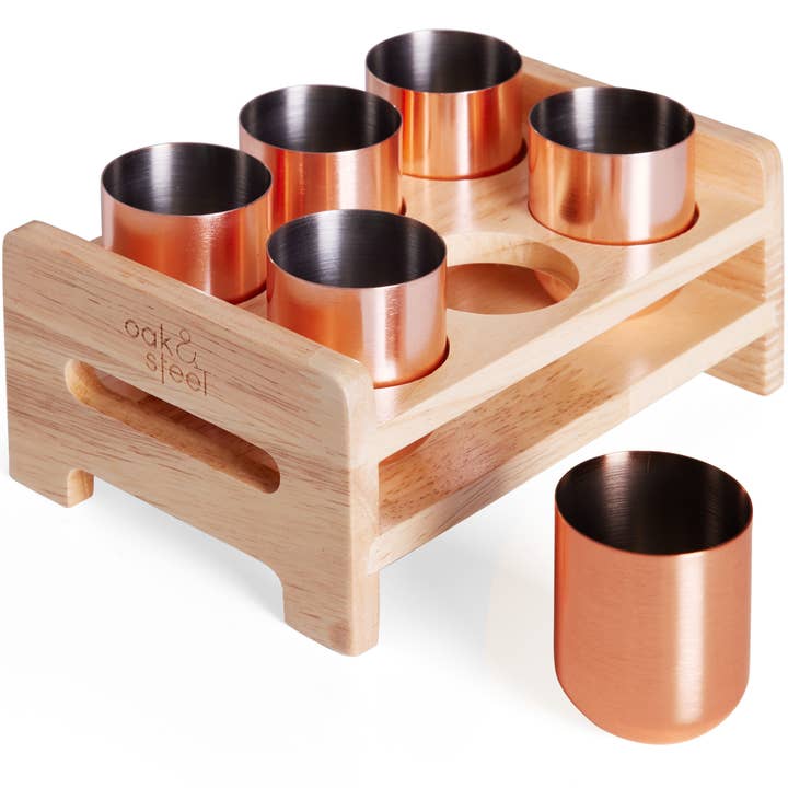 Oak & Steel – Großhandel Schnapsgläser – 6 roségoldene Edelstahl-Schnapsgläser mit Halterablage