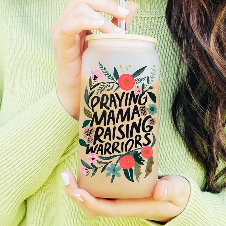 KraftyKathyDesignsCo - Wholesale Drinking Glass/Cup - Praying Mama Raising Warriors, Faith, Beer Can Glass